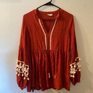 Cotton Bleu boho blouse with Pom poms size small